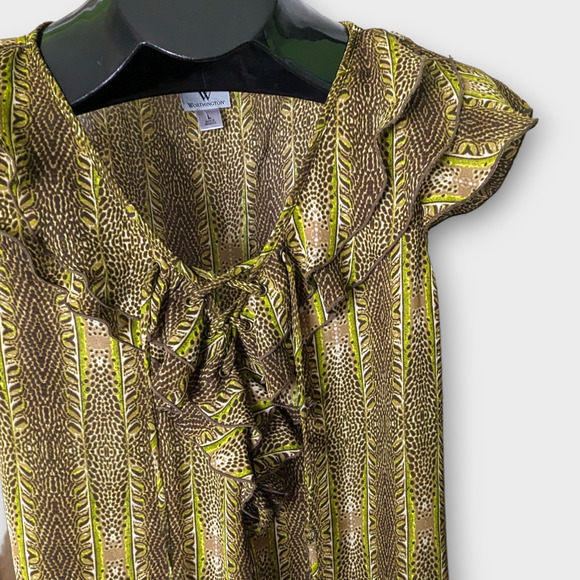 WORTHINGTON Green Animal Print Sheer Tie Career Ruffle Blouse Top Size Large - Picture 3 of 6
